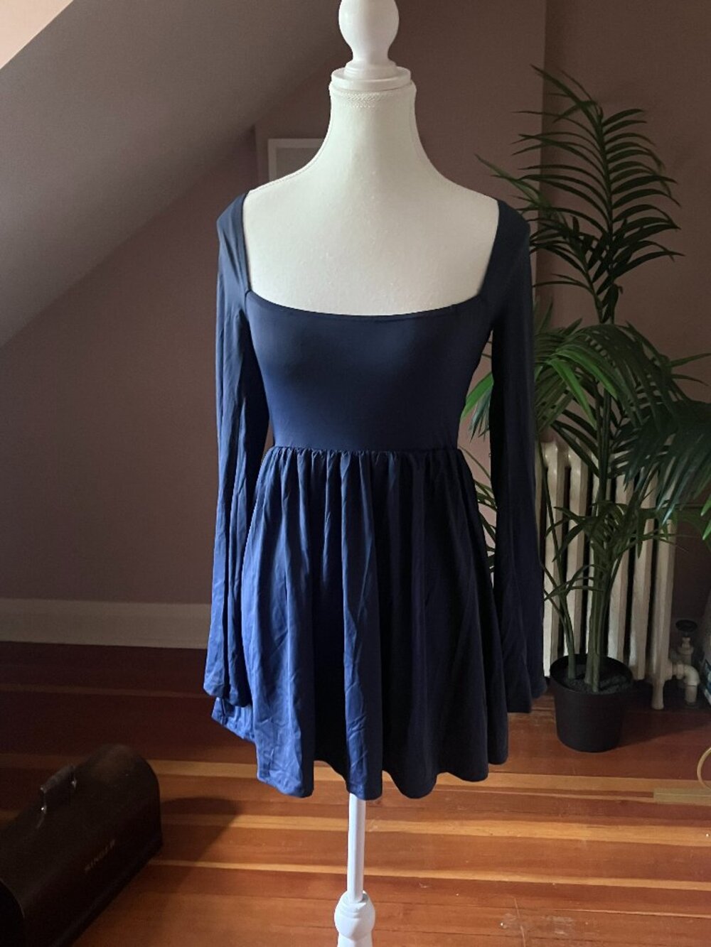 Navy blue athletic mini dress empire waist babydoll square neckline stretchy